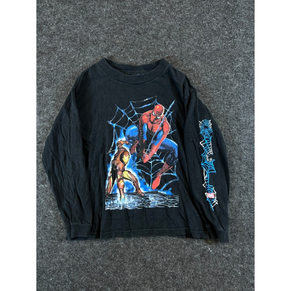 Vintage 90s Marvel Spider-Man vs Iron Man Long Sleeve Graphic Tee Black Kids S